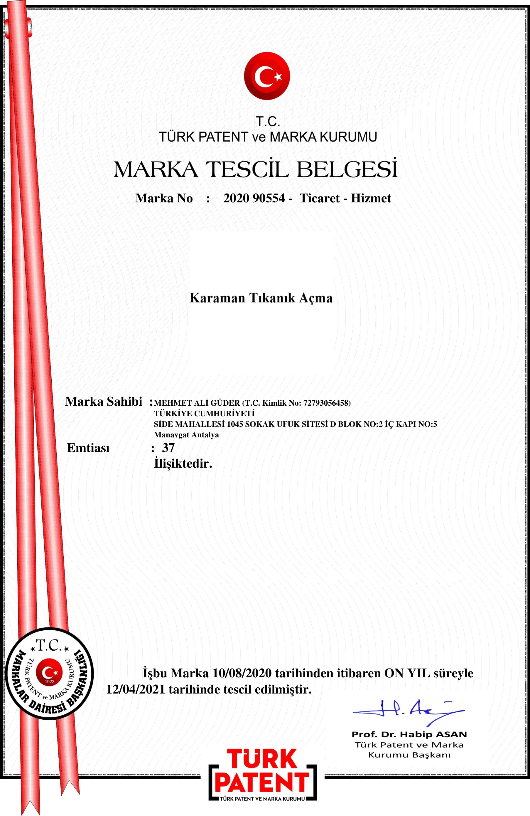 Karaman Tıkanık Açma Marka Tescil Belgesi - Türk Patent ve Marka Kurumu No: 2020 90554